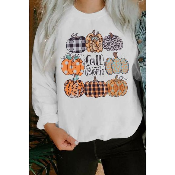 Azura Exchange  White Plaid Leopard Polka Dot Pumpkin Print Pullover Sweatshirt - Picture 1 of 5